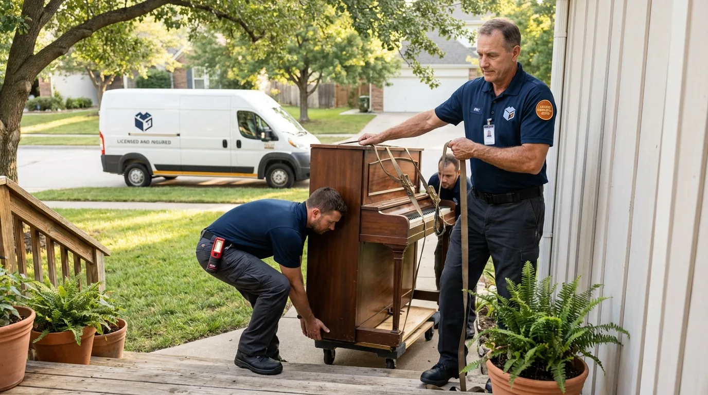 Licensed piano movers securing grand piano in Paulsboro, NJ