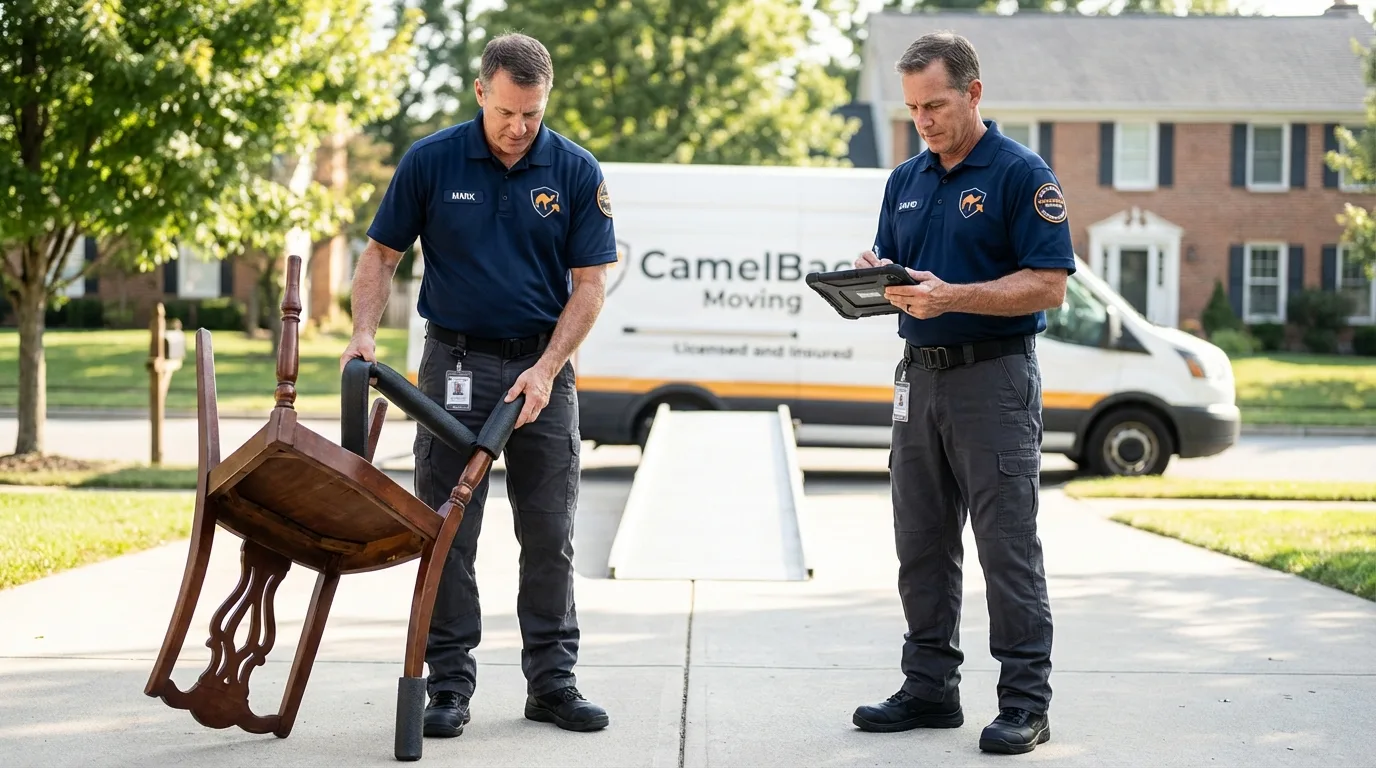Movers inspecting furniture for damage prevention before loading in Paulsboro, NJ