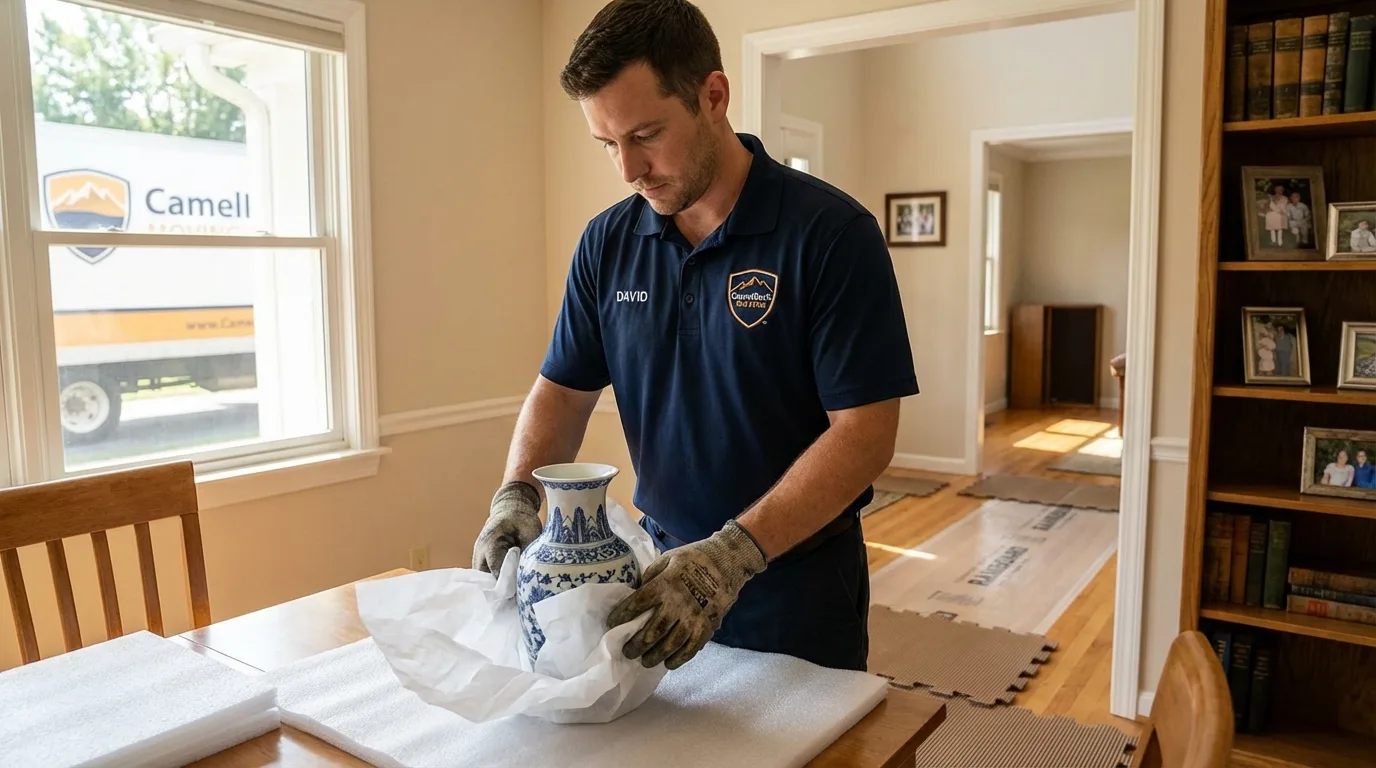 Professional crew carefully wrapping antique vase for senior downsizing move in Paulsboro, NJ